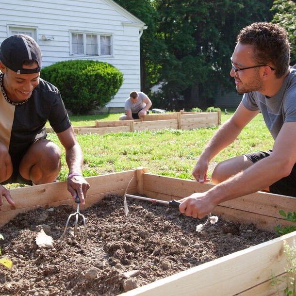 两名学生在mg冰球突破豪华版下载的社区花园工作